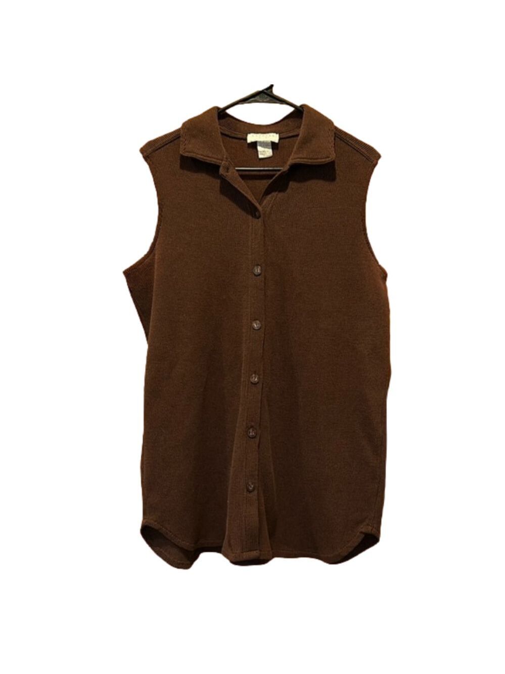 Vintage Express Tricot Brown Waffle Knit Collared Sleeveless Button-Up Cardigan